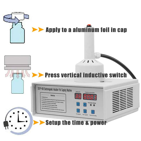 Portable Handheld Induction Sealer Fits 20Mm To 100Mm Caps 110V Digital Display with operation instructions and timer settings.