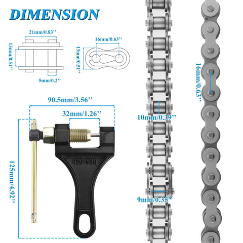 Dimensions diagram of Beefed Up 530 X Ring Drive Chain Universal Kit 120 Links For 50 70 90 110 125 196 212cc Engines Fits SSR
