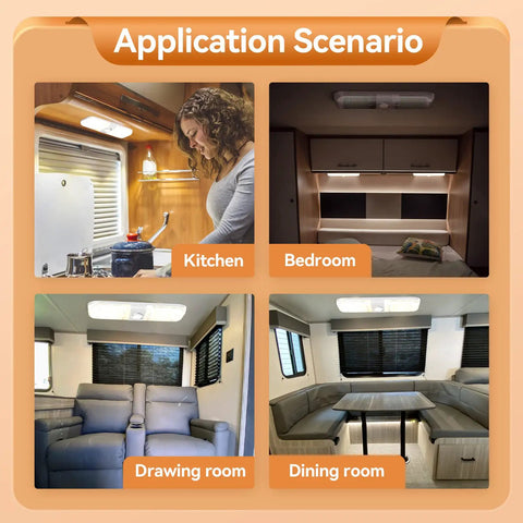 Application scenarios of Interior RV Dome Lights Kit With 1700 Lumen Output, 3 Color Modes, 12V LED in kitchen, bedroom, drawing room, dining room.