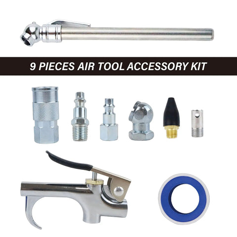 9 Piece Air Compressor Accessories Kit With 25 Foot One Quarter Inch PVC Hose, Brass Fittings, Quick Connect Coupler, Blow Gun, Tire Gauge