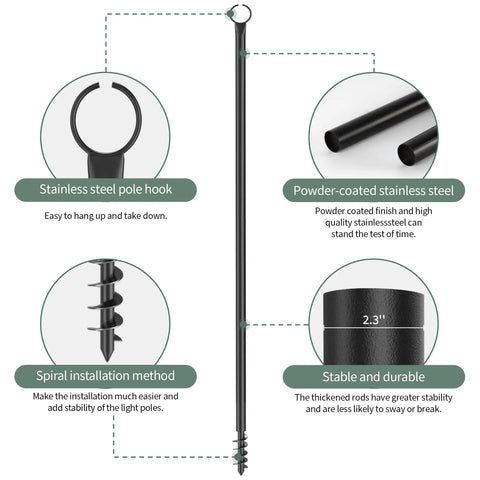Diagram of outdoor string light poles 2 pack 10 ft tall ground insertion poles with spiral anchor and stainless steel hook.