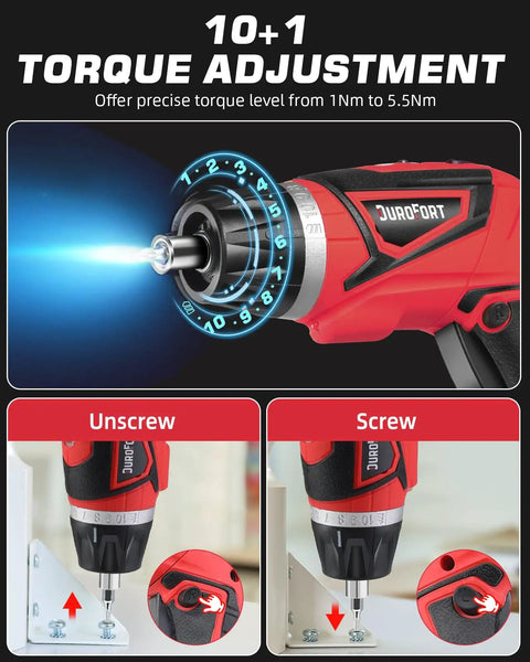 Close-up of Badass Cordless Electric Screwdriver Drill Set with 10+1 torque adjustment showing screwing and unscrewing action.