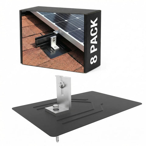 8 pack box and aluminum L bracket for 16 Pack Aluminum L Bracket Solar Racking Kit With Flashing For Roof Mounting On Asphalt Shingle And Composite Roofs, Waterproof With EPDM Gasket, Includes Bolts And Hardware, Fits Most PV Rails 12 Inch