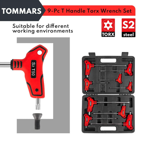 Nine Piece T Handle Torx Wrench Set Tamper Proof T10 To T50 Built From S2 Steel For Maximum Strength Dual Arm Design Lets You Use Short Or Long Reach In Tight Spaces Heavy Duty Pro Grade Tool Set, T50 close-up and case