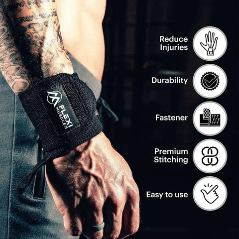 Built Tough Heavy Duty Wrist Wraps With Secure Thumb Loops For Weightlifting Highly Adjustable Support on a tattooed wrist.