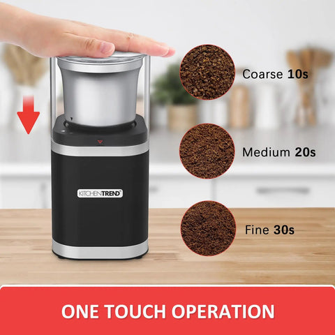 Electric Coffee Bean Grinder With Slick One Touch Operation And 180W Motor brewing espresso with ground levels displayed.