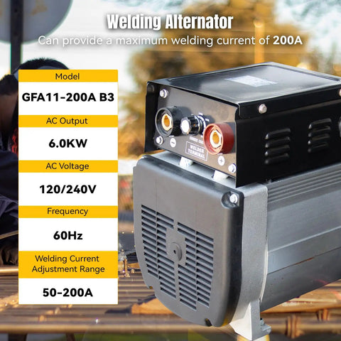 Welding alternator model GFA11-200A B3 for 200A current with AC output, 6.0KW, 120/240V voltage, and sleek black design.