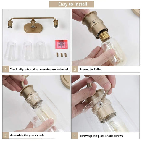 Installation steps for Three Light Gold Vanity Light With Seeded Glass Shades, showing parts, bulb screwing, and glass assembly.