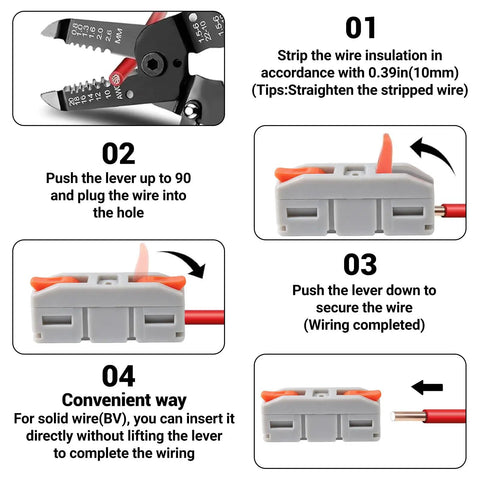 Instructions for No Hassle Quick Snap Wire Connectors 30 Piece Set 24 To 12 AWG Push In Terminals wiring steps.