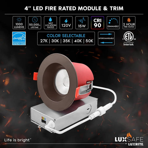 4 Inch LED Fire Rated Module with adjustable trim, designed for wet locations, featuring 1000 lumens of bright illumination.