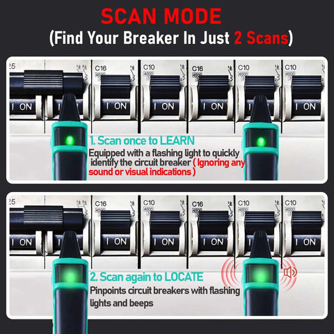 Digital Circuit Breaker Finder With NCV Tester, Built-In Flashlight, Voltage Tester, And Integrated GFCI Outlet Tester, Model XT-33A in scan mode demonstrating circuit identification process.