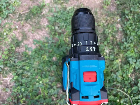 Top view of Heavy Duty 21V Cordless Drill Set With Dual Speed Gears, showing keyless chuck and speed settings.