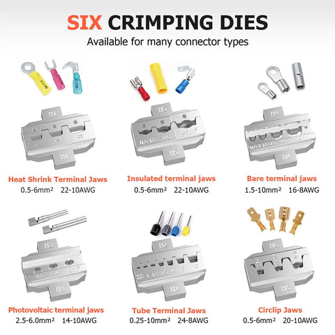Six Piece Pro Grade Crimping Tool Set with Ratcheting Wire Crimper and Six Interchangeable Dies for various jaw types.