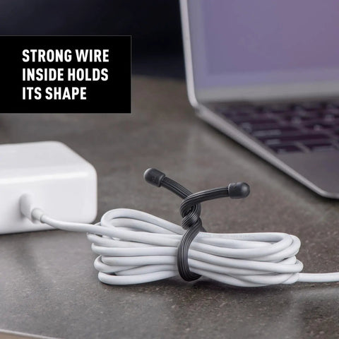 6 Inch Reusable Gear Ties Black 12 Pack Slick Rubber Coated Cord Organizers Electric Cable Management Clamps holding a cable.