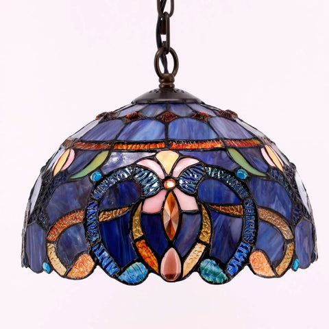 Tiffany Style Pendant Light Fixture With Blue Purple Cloud Stained Glass Hanging Lamp, 12 Inch Shade, S558 Series