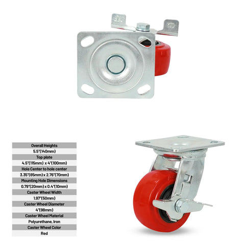 Heavy Duty 4 Inch Red Polyurethane Swivel Caster With Wheel Brake, 550 Lbs capacity ideal for smooth industrial movement.