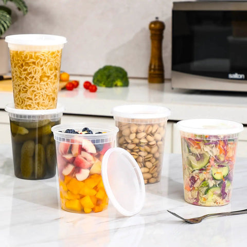 Twenty Pack 32 Oz Deli Containers With Lids Airtight Food Storage For Takeout And Meal Prep Freezer Safe Dishwasher Safe Microwave Safe BPA Free Plastic Containers For Leftovers And Lunches filled with various foods on counter