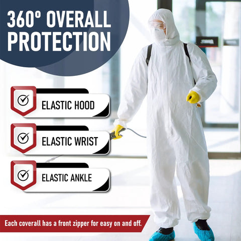 Person wearing Disposable Hazmat Suits With Hood 25 Pack Heavy Duty Breathable Coveralls Painter Suit Large Size.