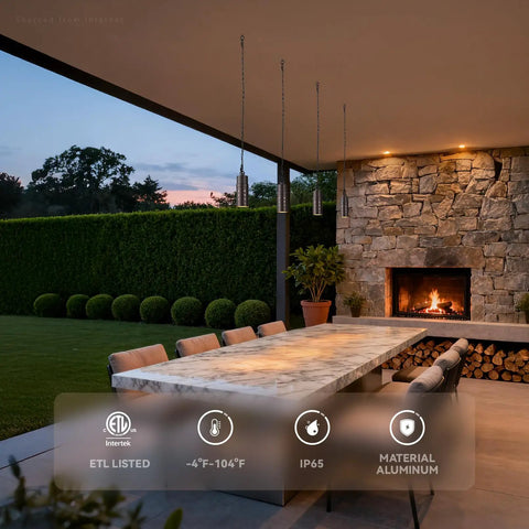 5CCT Low Voltage Outdoor Hanging Lights Set with starry sky lighting over patio table, LED landscape pendant lights