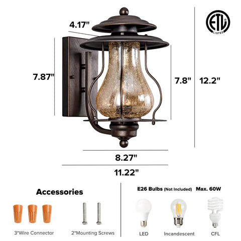 Outdoor Wall Lantern Sconce Lighting for Front Porch and Backyard, Waterproof Rustic Aluminum Exterior Light Fixture, Wall Mount Lamp with Faux Cracked Glass, Weather Resistant for Doorway and Garage, showing dimensions and accessories.