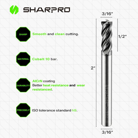 Three Sixteenth Inch Shank Carbide Square End Mill 4 Flute CNC Cutter with AlCrN coating and measurements and features