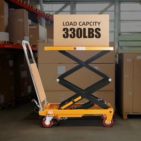 Heavy Duty Manual Scissor Lift Cart With Solid Hydraulic Base For Smooth Job Site Hustle And Garage Transport Easy Foot Pedal Operation Handles Three Hundred Thirty Pounds Like A Champ with 330 lb load capacity box on top.