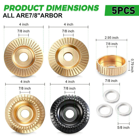 Pro Grade Five Piece Wood Carving Disc Set For 4 And 4.5 Inch Angle Grinders With 7/8 To 5/8 Inch Arbor showing disc dimensions