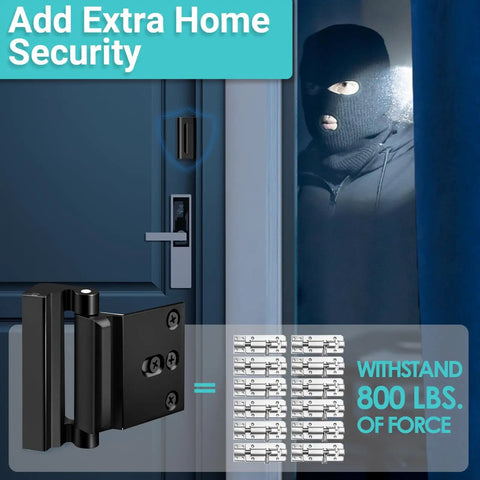 Image of a heavy duty home security door reinforcement lock for front door, demonstrating kid safe and kickproof design.