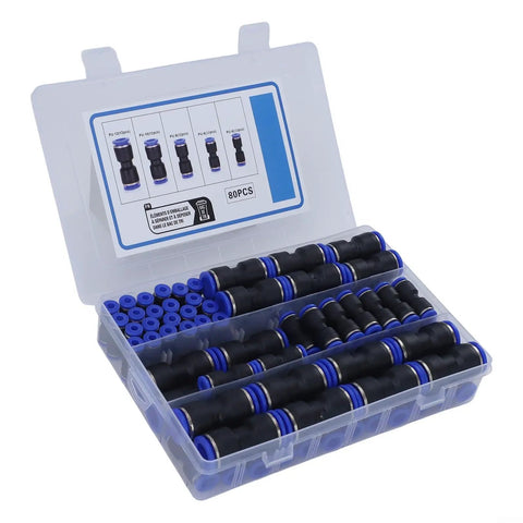 Awesome 80 Pcs Push To Connect Kit For 5 32 To 1 2 Inch OD Pipes Super Easy Install No Tools Needed Tight Grip Leak Proof Seal Perfect For Air Water Lines And High Pressure Tasks With Durable Nylon And PVC Tube Fittings. 80-piece push-to-connect fittings kit in storage case