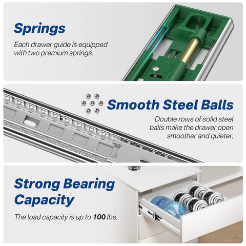 Close-up of 6 Pairs 22 Inch Soft Close Drawer Slides Ball Bearing Cabinet Rails showing strong springs and bearing capacity details.