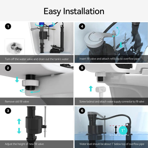 Installation steps for Universal Quiet Toilet Fill Valve And Comprehensive Repair Kit, tall height adjustable components in bathroom tank.