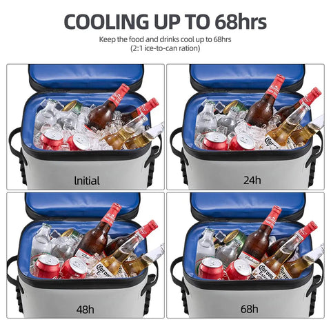 Leakproof Soft Sided Backpack Cooler For 36 Cans, Insulated Waterproof Cooler Bag, Perfect For Camping, Fishing, Picnics, And Outdoor Adventures, Grey showing cooling duration up to 68 hours with various beverages inside.