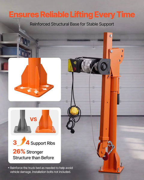 Heavy Hitter Electric Pickup Truck Crane featuring a sturdy reinforced base for stable support, ideal for job site material hauling.