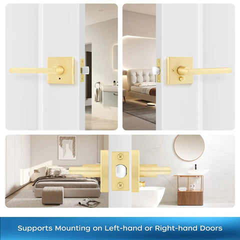 Three Pack Gold Door Levers Set Heavy Duty Keyless Privacy Lock Reversible Square Door Knobs for bedroom and bathroom doors installation