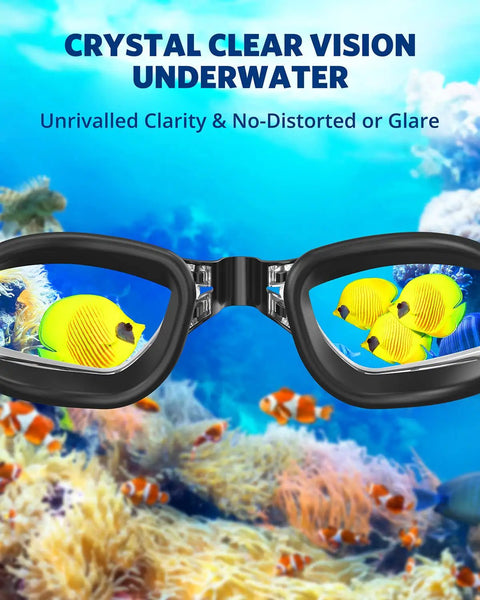 Elite Leak Proof Swim Goggles Serve Up Premium Anti Fog Visibility And Round The Clock UV Blocking To Keep Your Peepers Happy While Delivering A Comfy Snug Lock Down Fit That Makes Any Pool Session Absolutely Legendary And Totally Leak Free with clear view of colorful fish underwater.