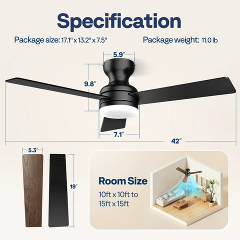 Specification of 42 Inch Low Profile Ceiling Fan With Lights And Remote Black Finish For Bedroom Living Room Or Garage Flush Mount 6 Speeds Plus 1 Timer Dimmable LED With 3 CCT Quiet Reversible Motor Energy Efficient