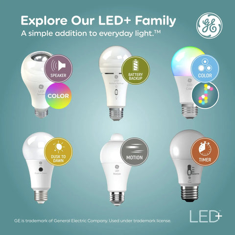 LED+ bulbs with features like color, dusk-to-dawn, motion, timer, speaker, and battery backup visible in various designs.
