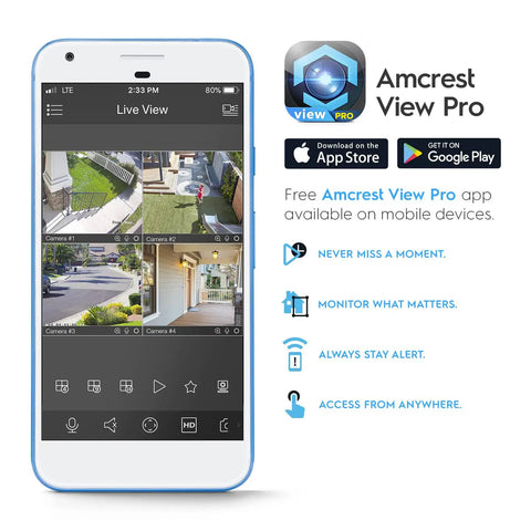 Amcrest View Pro app showing live camera feed on mobile screen for UltraHD 4K IP PoE AI Bullet Camera With 129 Degree Field Of View 49ft Color Night Vision Outdoor Security Cam Human And Vehicle Detection Active Deterrent 4K At 15fps IP8M-2796EW-AI.