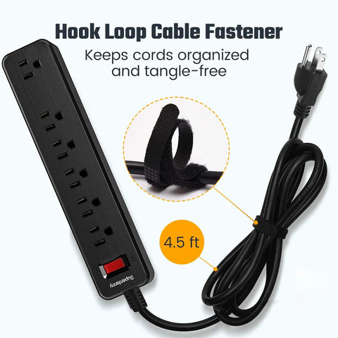 Six-Outlet Surge Protector Power Strip With 4.5 Ft Extension Cord, 900 Joules Of Protection, black, with hook loop fastener