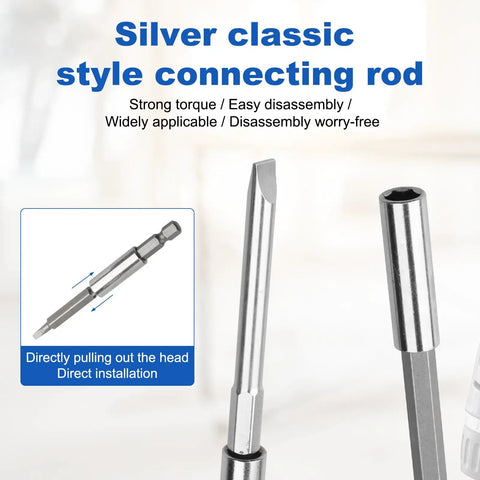 Silver classic style connecting rod with strong torque and easy disassembly features, suitable for Magnetic Extension Socket Drill Bit Holder 1/4in.