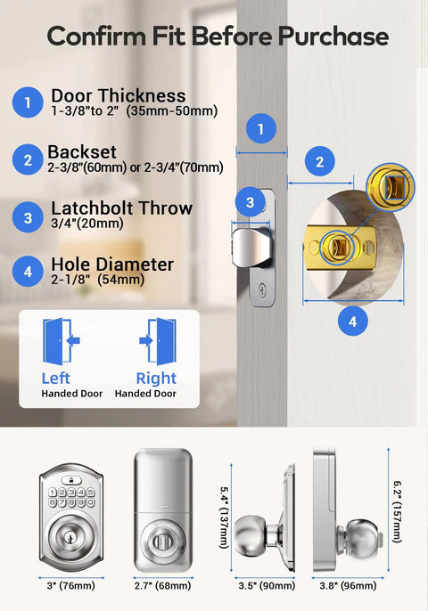 Heavy Build Satin Nickel Keypad Door Knob Lock Keyless Entry Handle installation guide with dimensions and fit details.