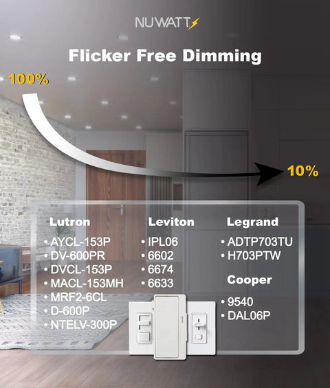 Image showing flicker free dimming features for Dope 4 Inch Ultra Thin LED Recessed Lighting Kit, highlighting compatible switches.