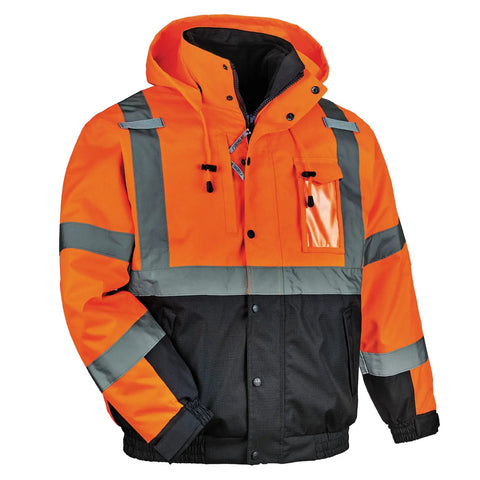 High Visibility Reflective Winter Bomber Jacket With Zip Out Fleece Liner Windproof And Water Resistant 300D Shell ANSI Compliant For Cold Weather Work Black Bottom Outerwear Built Tough For The Job Site, front view.