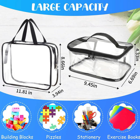 4 Packs Clear Storage Bags With Two Sizes PVC Reusable Storage Organizer With Zippers Waterproof And Dustproof Case For Board Games Travel Cosmetic Bag For Puzzles Building Stationery And Makeup Black, showing PVC bags with dimensions.