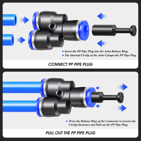 Illustration of 6mm OD Push To Connect Pneumatic Fitting Plug Pack Of 10 Black PBT Resin showing installation and removal steps.