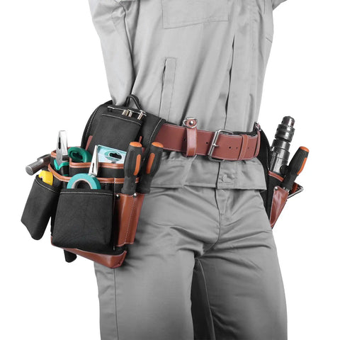 Heavy Duty Electrician And Carpenter Tool Belt With Full Grain Leather Construction, 19 Pouches, adjustable on waist