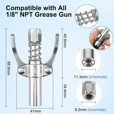 Close-up view of Eight Piece Grease Gun Tips Kit With Needle Nozzles Dispenser Lock and Lube Coupler Attachments, NPT compatible.