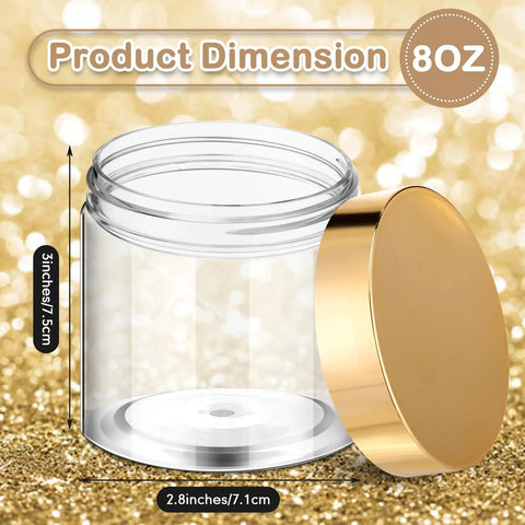 Hella Durable 12 Pack Of 8 Oz Round Clear Plastic Jars With Secure Twist Lids, Premium Pet Containers For Slime, Cosmetics, Travel Kit, And Pantry Storage With Gold Caps - Showing dimensions and gold lid.