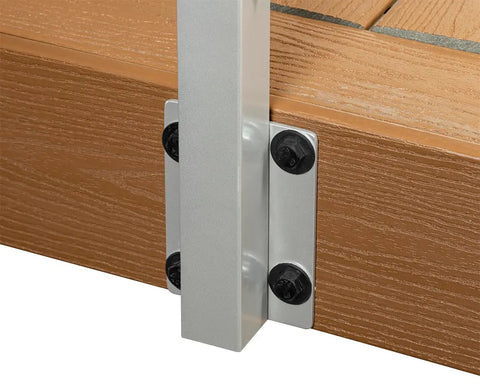 Complete 30 Ft Cable Railing Kit For Decks And Patios With Marine Grade Stainless Steel Wire Pre Drilled Powder Coated Posts Face Mount Hardware And Hand Tools Included 36 Inch Tall No Hassle Fence Fix close-up of silver face mount post attached to wooden deck surface