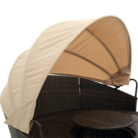 Retractable Outdoor Patio Round Wicker Rattan Daybed With Lift Table And Washable Cushions retractable beige canopy detail.